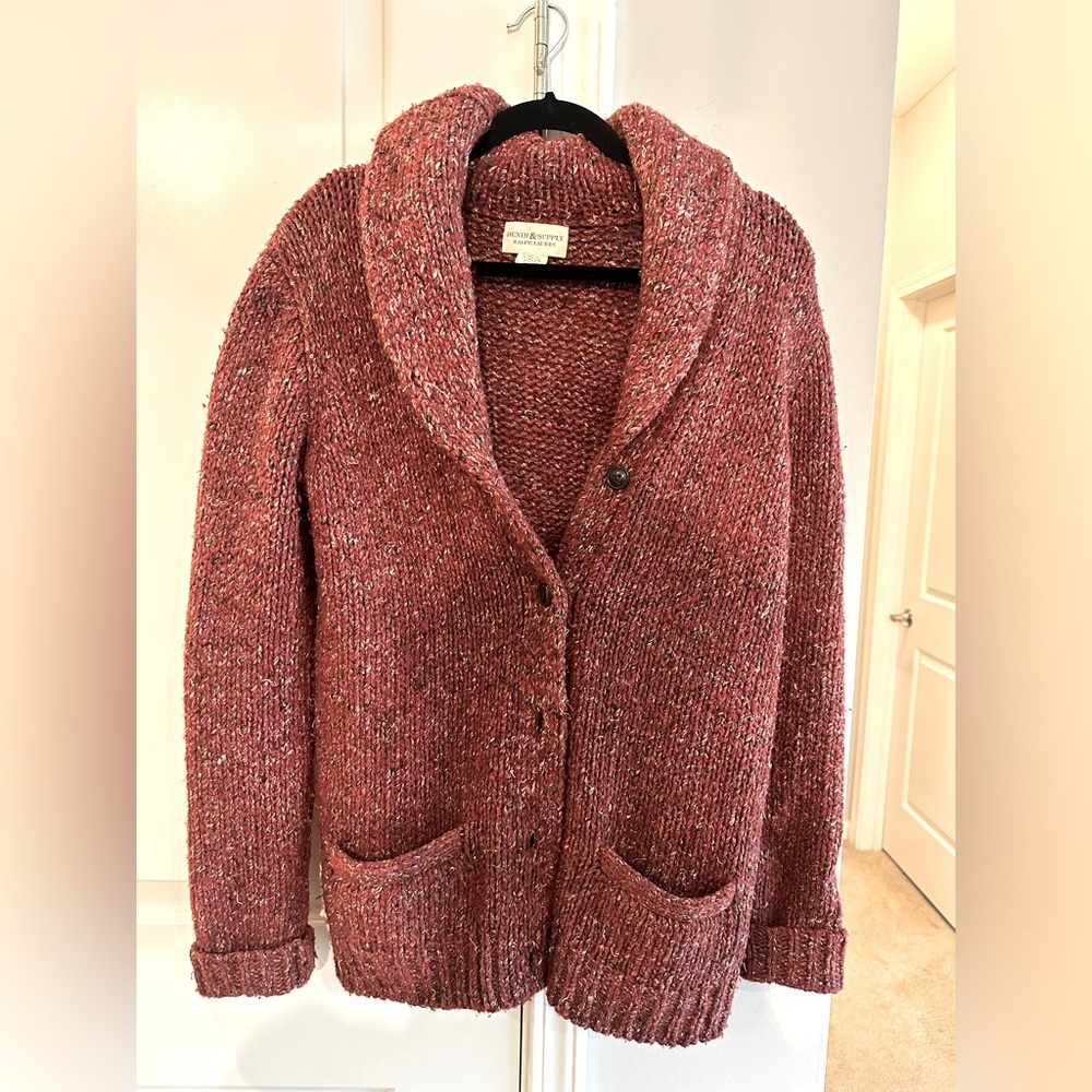 Ralph Lauren sweater jacket. Mint condition threading base deep red with colors